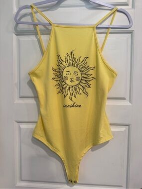 Ruby & Lace Sunshine Graphic Bodysuit Yellow Racerback Tank Women’s Large Boho
